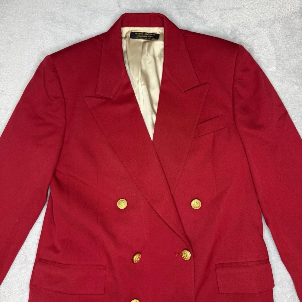 Vintage Brooks Brothers 100% Wool Skirt Suit Women 12 Red Gold Button USA